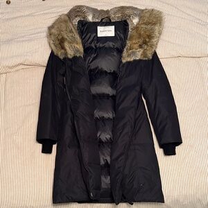 Babaton Black Puffer Coat with Fur Trim